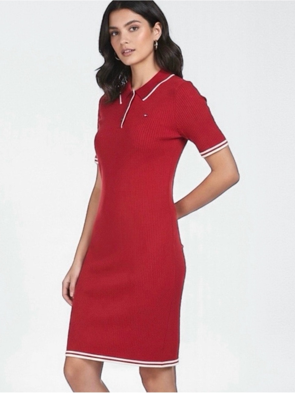 Tommy Hilfiger Red Ribbed Polo Dress with Contrast Trim